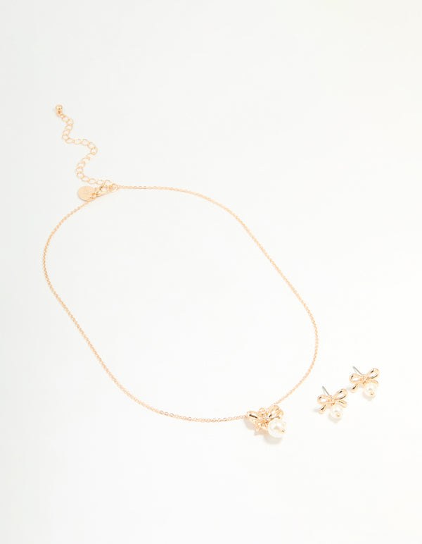 Gold Bow Pearl Necklace & Earrings Set