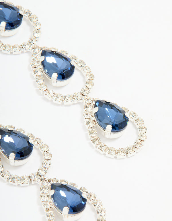 Silver Blue Diamante Pavé Teardrop Drop Earrings
