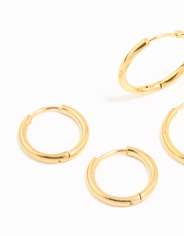 Waterproof Gold Plated Stainless Steel Thin Hoop Earrings 3-Pack