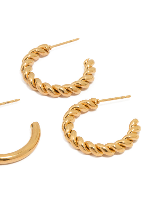 Waterproof Gold Plated Stainless Steel Twisted & Smooth Hoop Earrings 3-Pack