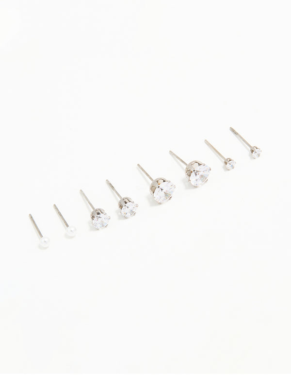 Waterproof Stainless Steel Cubic Zirconia & Pearl Stud Earrings 4-Pack