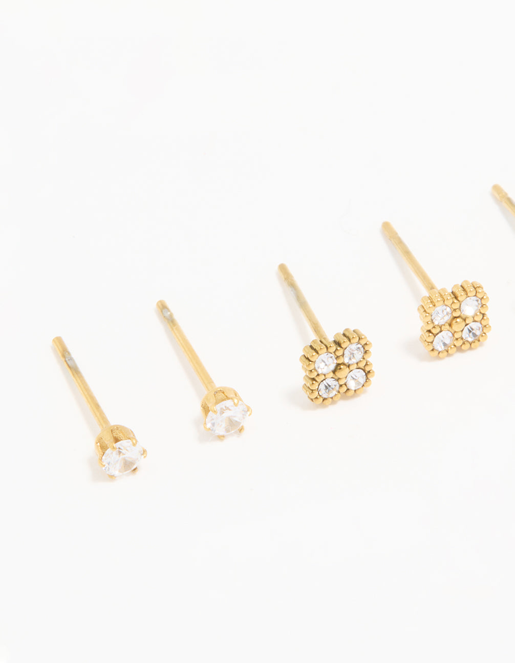 Waterproof Gold Plated Stainless Steel Cubic Zirconia Flower & Classic Stud Earrings 4-Pack