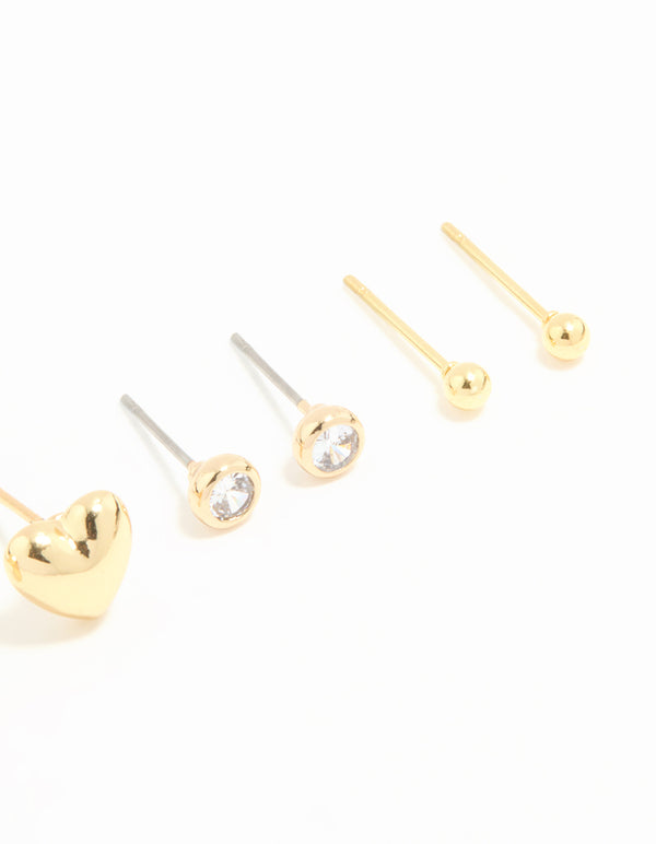 Waterproof Gold Plated Stainless Steel Cubic Zirconia & Heart Stud Earrings 4-Pack