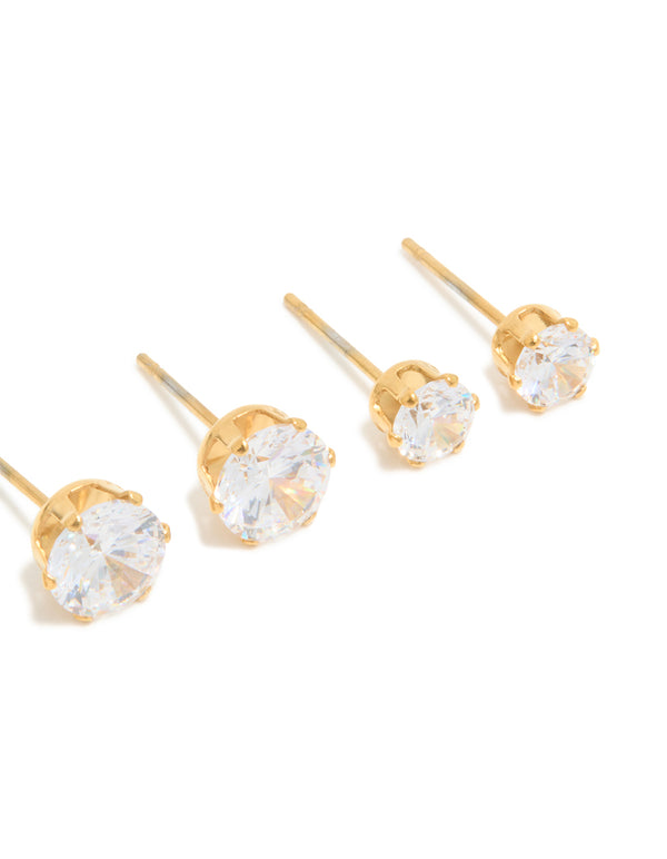 Waterproof Gold Plated Stainless Steel Cubic Zirconia & Pearl Classic Stud Earrings 4-Pack