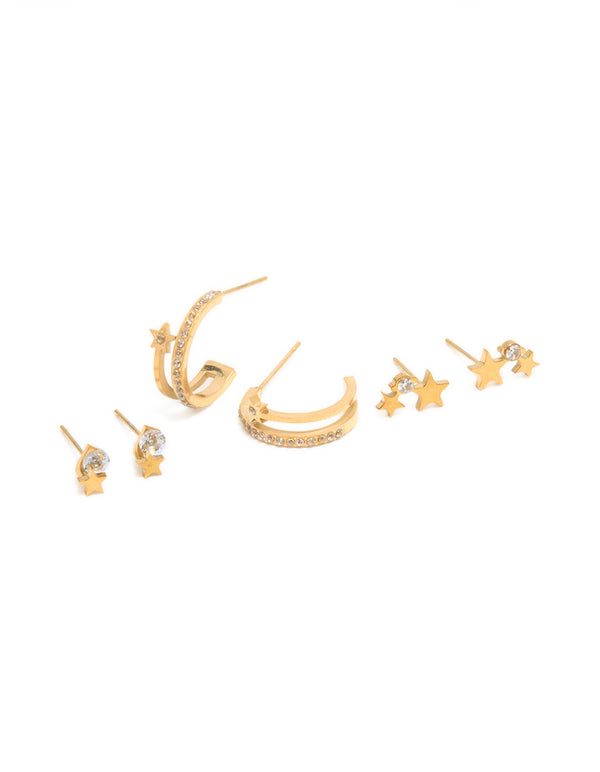Waterproof Gold Plated Stainless Steel Cubic Zirconia Celestial Stud Earrings 3-Pack