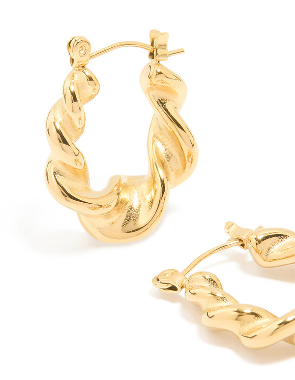 Waterproof Gold Plated Stainless Steel Smooth Large Twisted Hoop Earrings