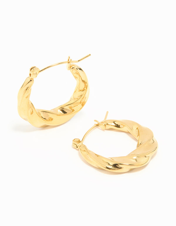 Waterproof Gold Plated Stainless Steel Twisted Medium Hoop Earrings