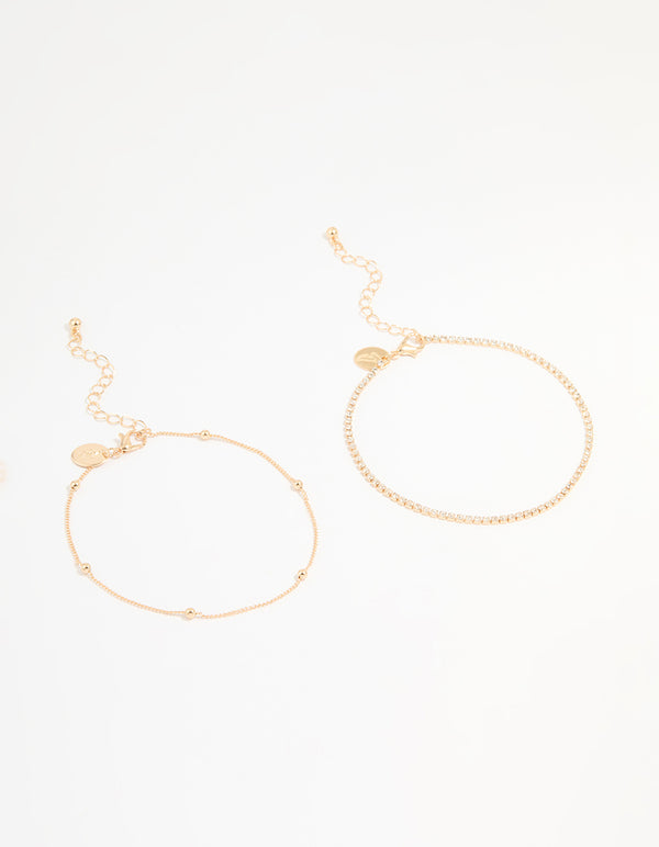 Gold Diamante & Ball Anklets 2-Pack