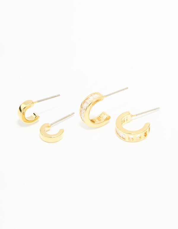 Gold Plated Cubic Zirconia Plain & Baguette Hoop Earrings 2-Pack