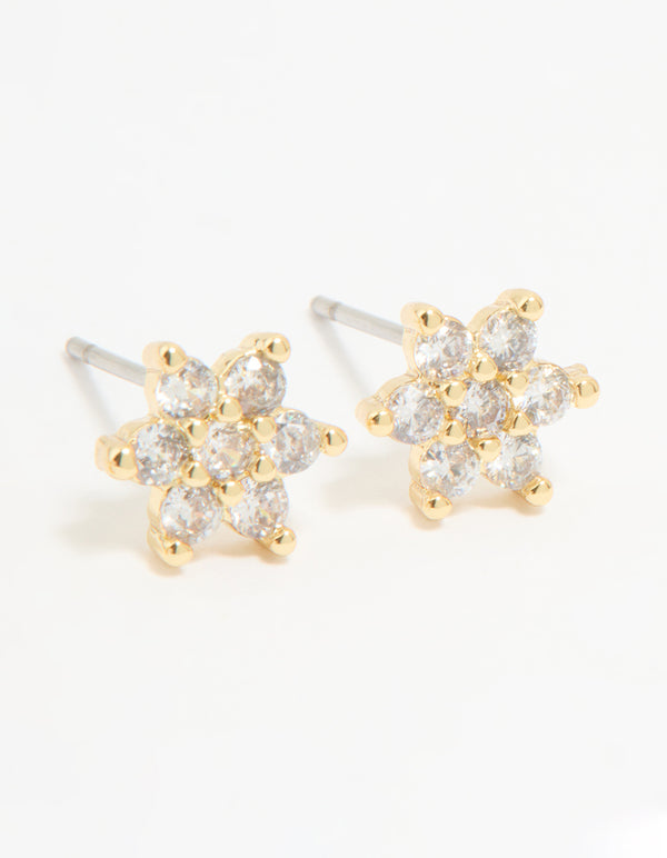 Crafted from gold plated cubic zirconia, these flower and leaf stud earrings in a 2-pack post detail view