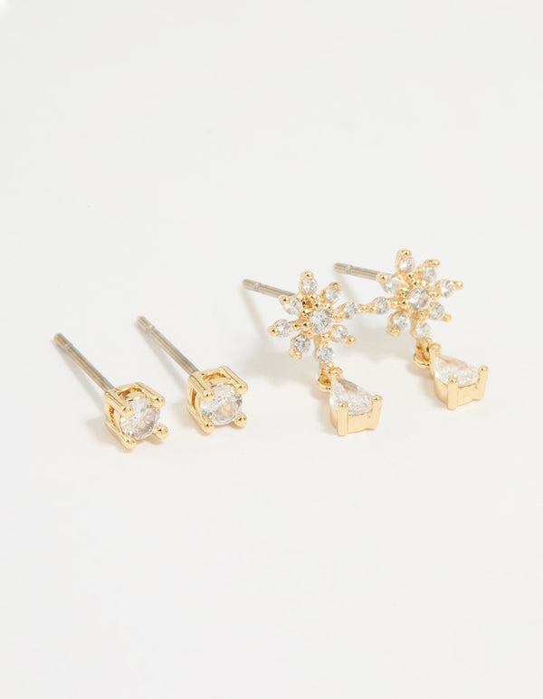 Gold Plated Cubic Zirconia Classic & Flower Teardrop Earrings 2-Pack