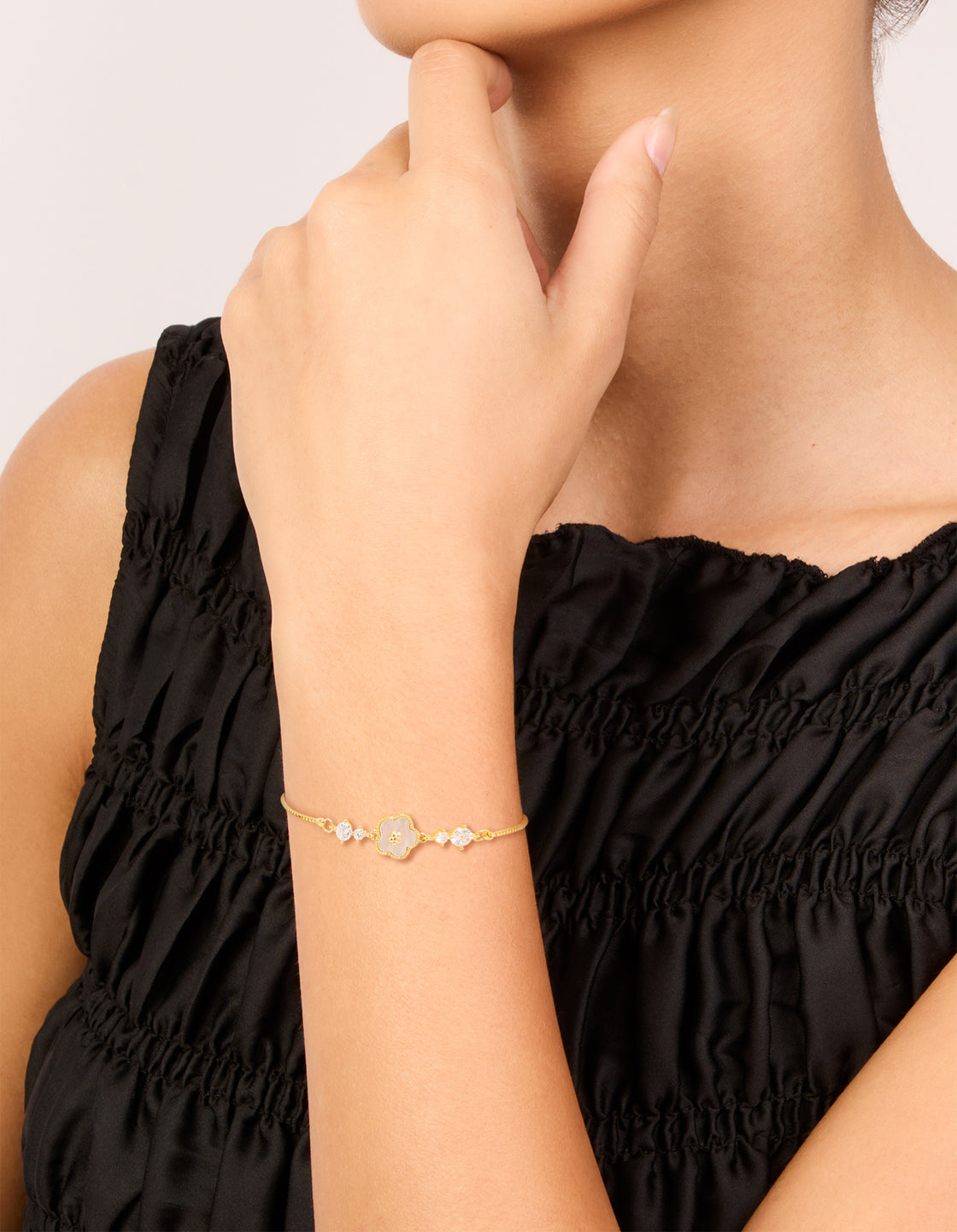 Gold Plated Cubic Zirconia Flower Inlay Toggle Bracelet