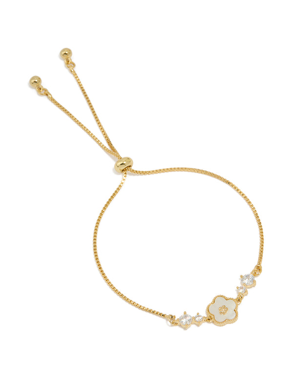 Gold Plated Cubic Zirconia Flower Inlay Toggle Bracelet