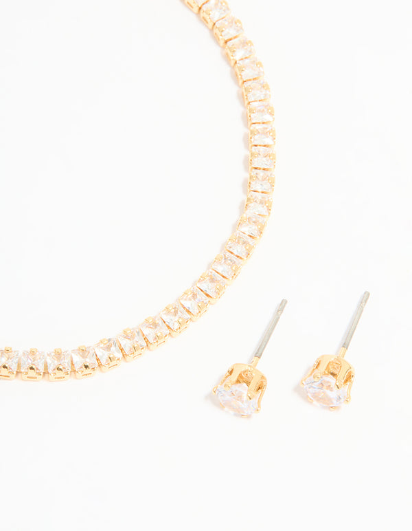 Gold Plated Cubic Zirconia Tennis Bracelet & Earrings Set