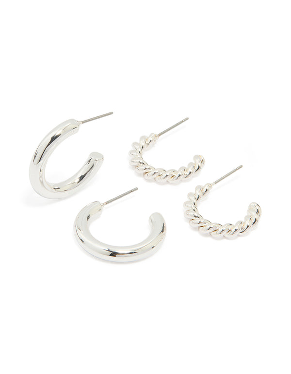 Silver Twisted & Smooth Hoop Earrings 2-Pack