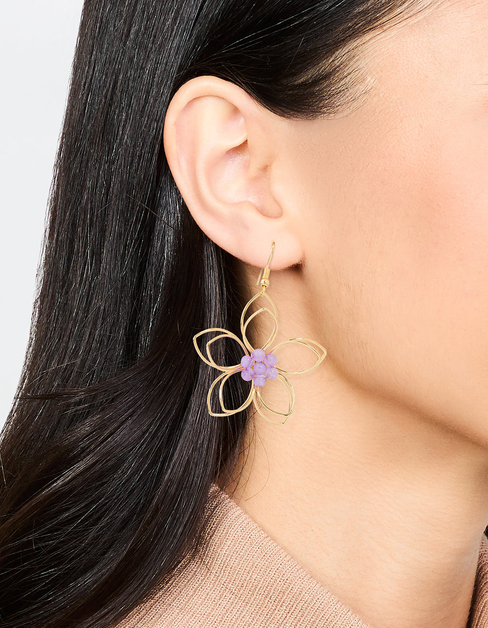 Rose Gold Purple Beaded 3D Flower Drop Earrings