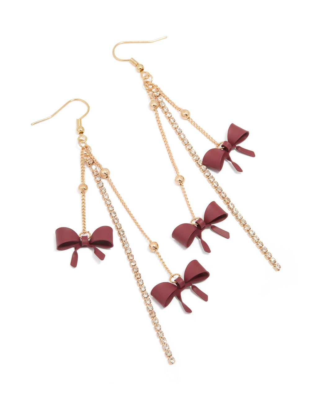 Gold Burgundy Bow Chain Drop Earrings