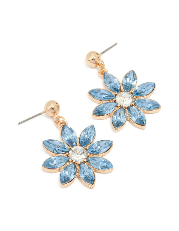 Gold Blue Diamante Flower Drop Earrings