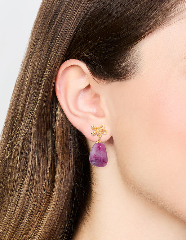 Gold Purple Stone & Bow Drop Earrings