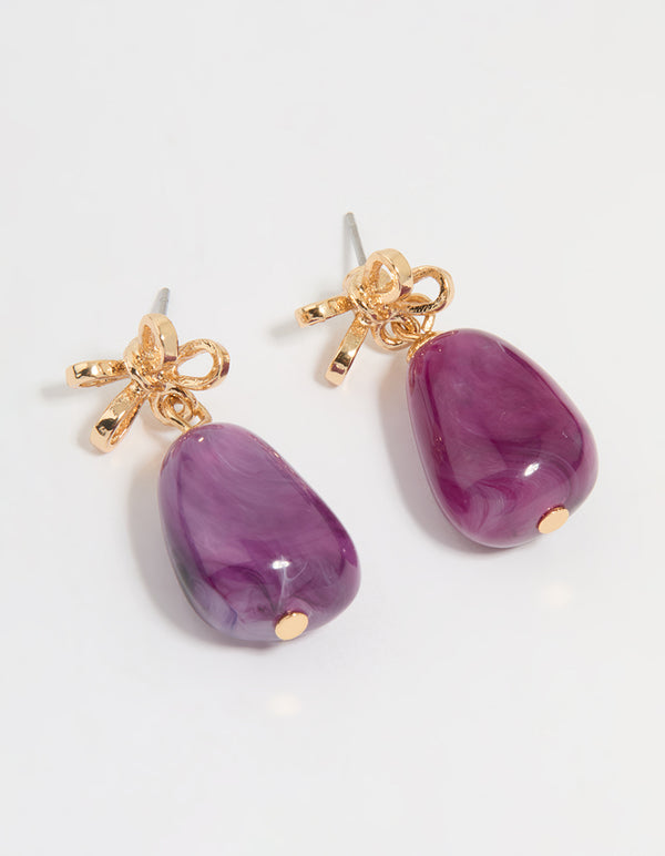 Gold Purple Stone & Bow Drop Earrings
