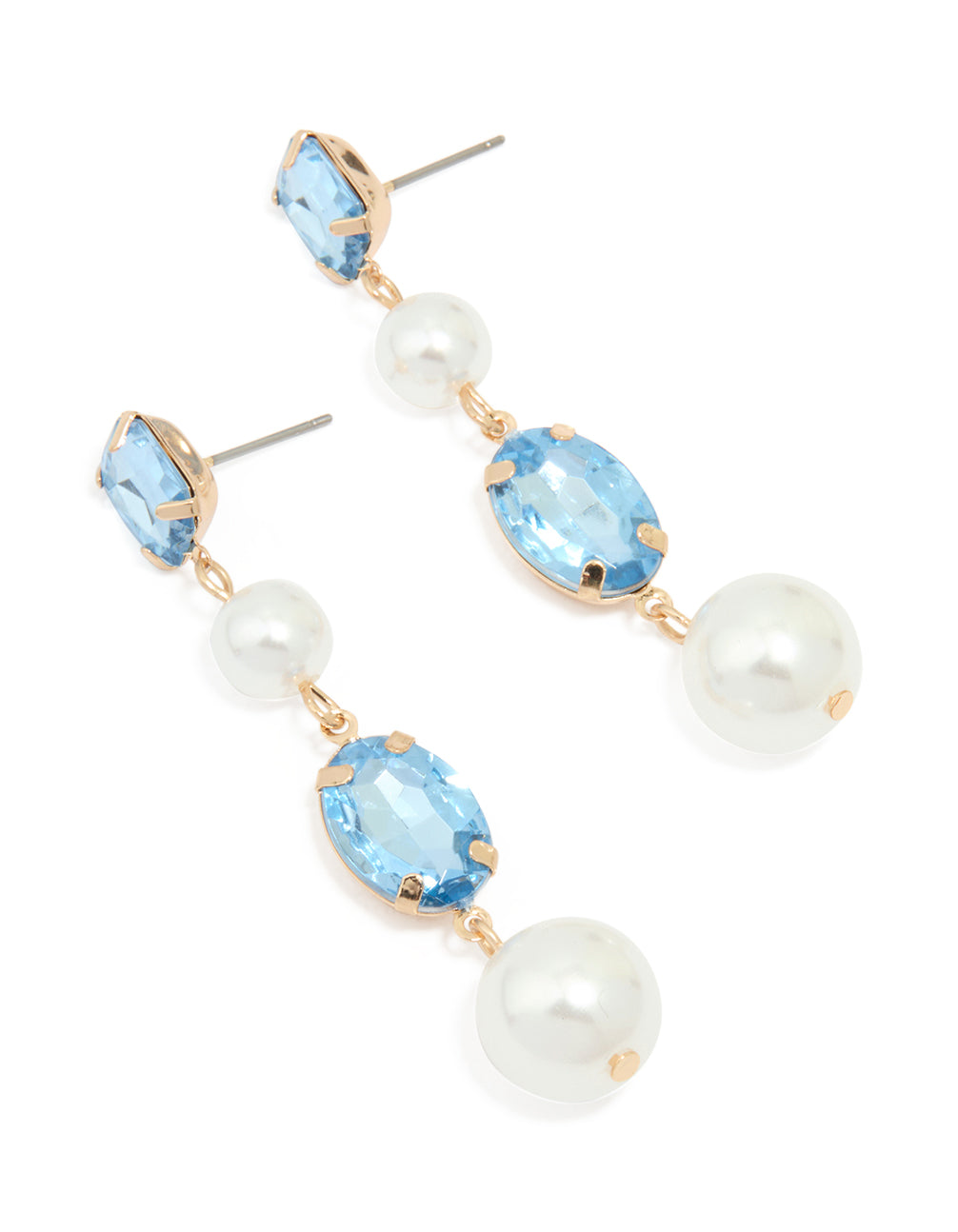 Gold Blue Diamante Pearl Long Drop Earrings