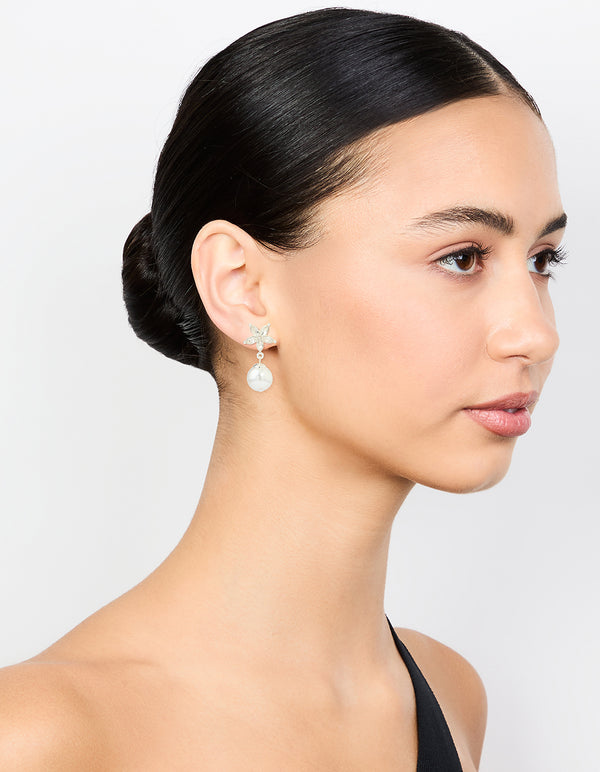 Silver Diamante Pearl Drop Earrings