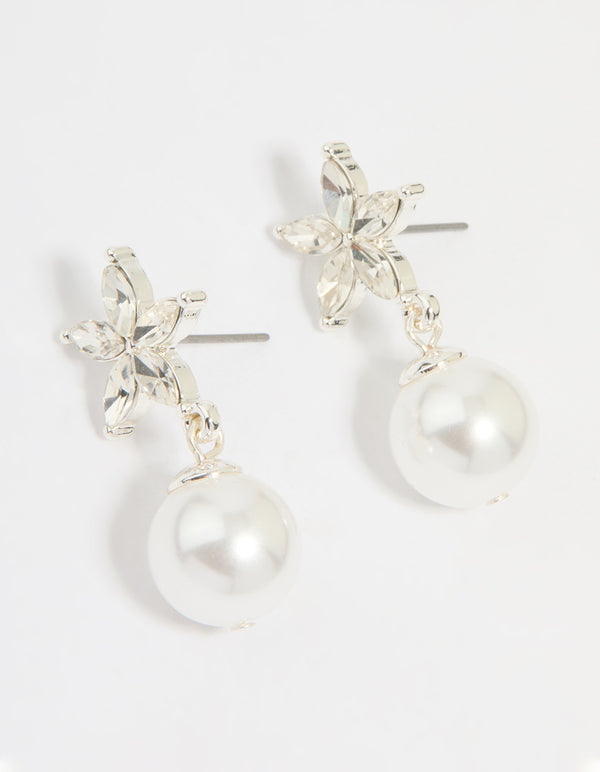 Silver Diamante Pearl Drop Earrings