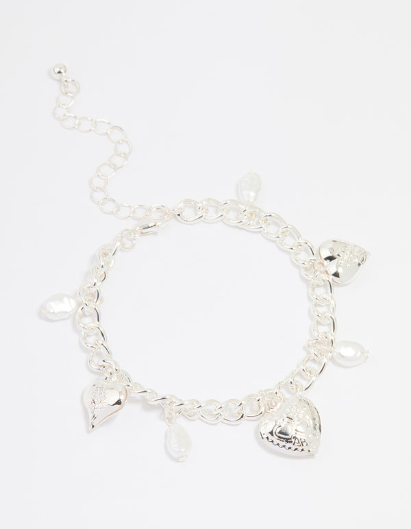 Silver Pearl Heart Charm Bracelet