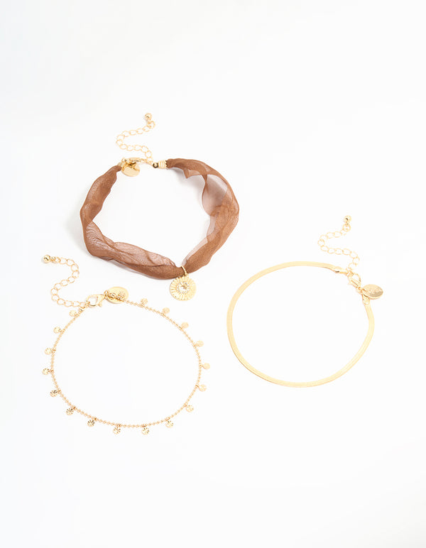 Gold Brown Fabric & Snake Chain Anklets 3-Pack