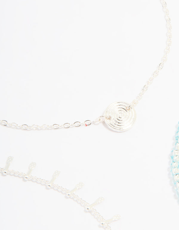 Silver Turquoise Beaded & Spiral Circle Anklets 3-Pack