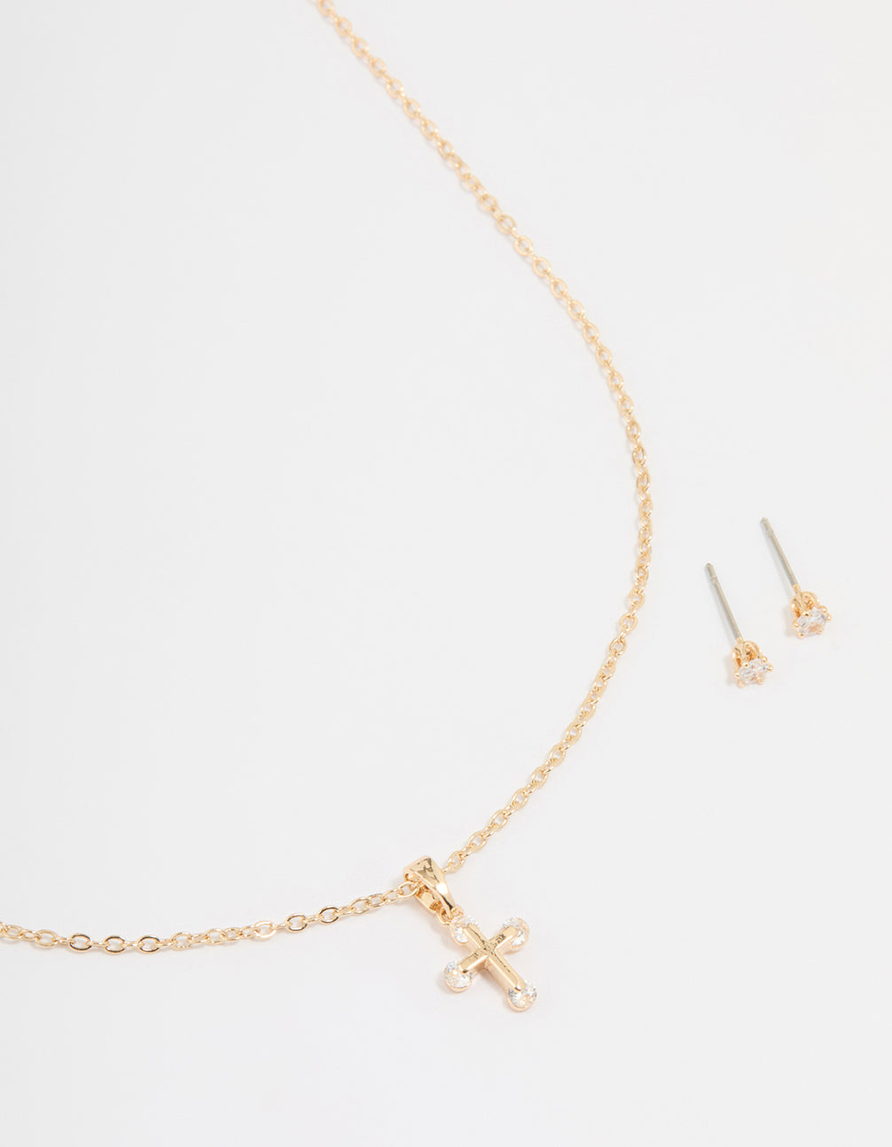 Gold Cubic Zirconia Cross Necklace & Earrings Set