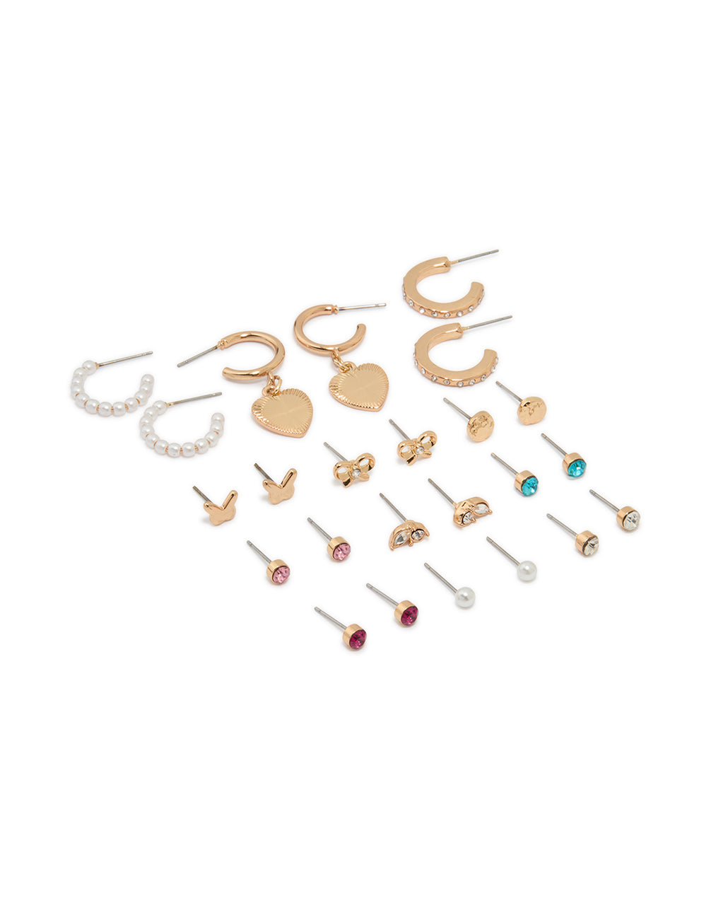Gold Heart & Bow Stud & Hoop Earrings 12-Pack