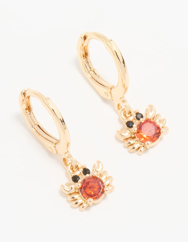 Gold Red Cubic Zirconia Crab Huggie Drop Earrings