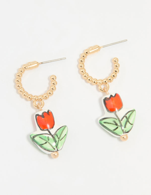 Gold Red Ceramic Flower Huggie Drop Earrings