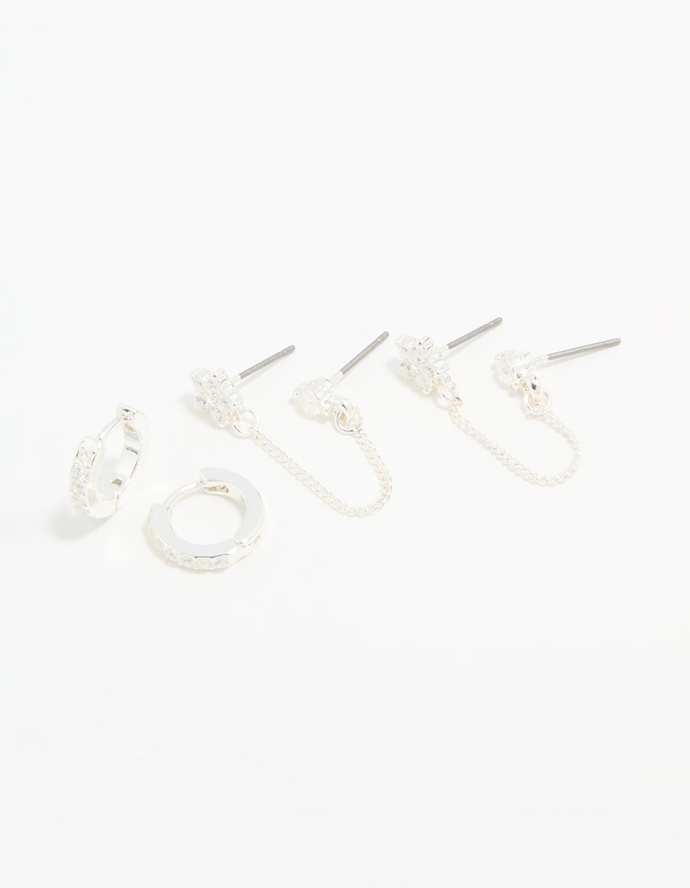 Silver Cubic Zirconia Chain Flower Chain & Huggie Earrings 3-Pack