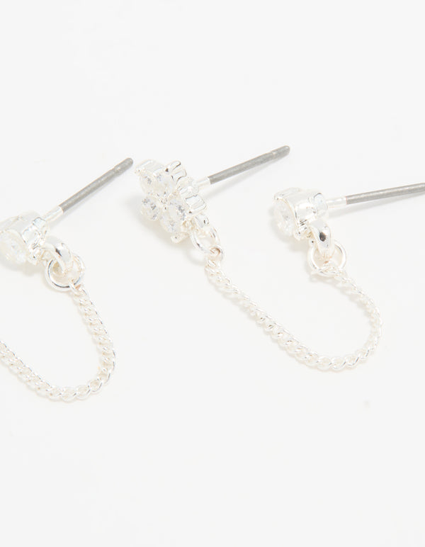 Silver Cubic Zirconia Chain Flower Chain & Huggie Earrings 3-Pack