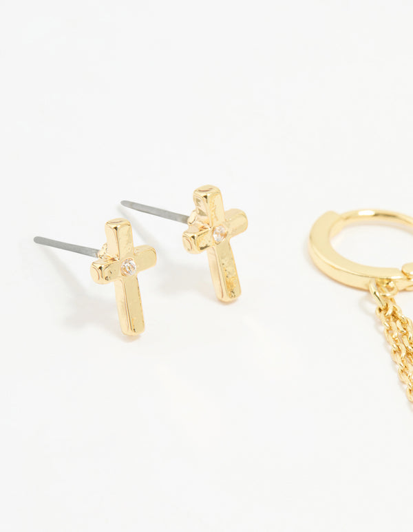 Gold Cubic Zirconia Loop Chain Cross Earrings 3-Pack