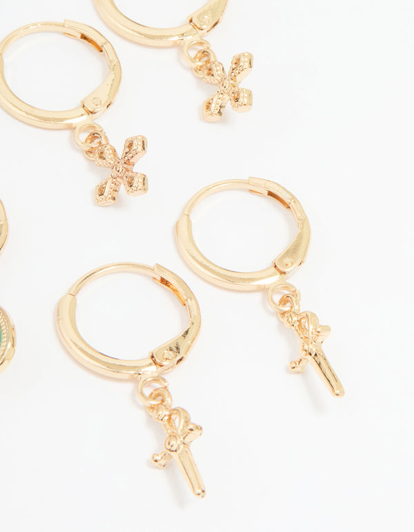 Gold Cross, Dagger & Snake Earrings 6-Pack