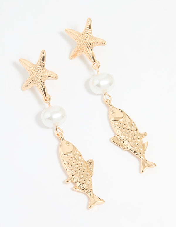 Gold Pearl Fish Drop Earrings