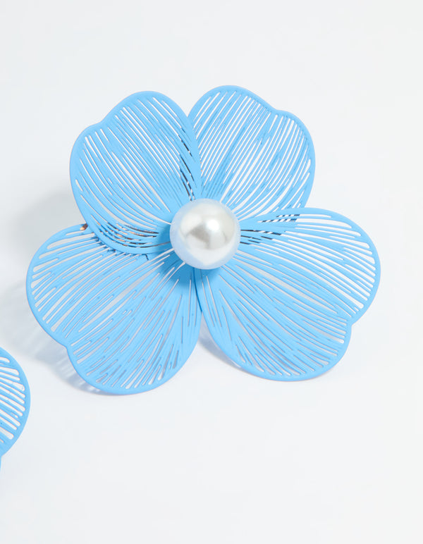 Gold Blue Laser Cut Flower Pearl Stud Earrings