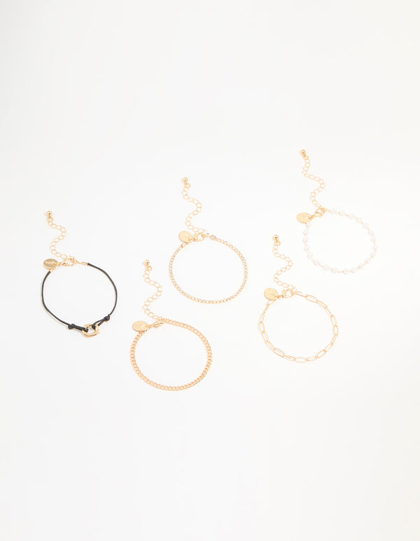 Gold Pearl & Cord Bracelet 5-Pack