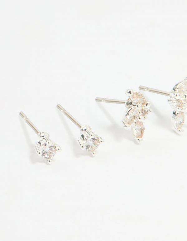 Silver Plated Brass Flower Stud & Hoop Earrings 4-Pack