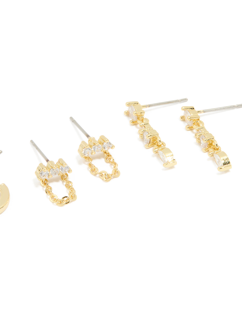 Gold Plated Brass Cubic Zirconia Chain & Stud Earrings 4-Pack