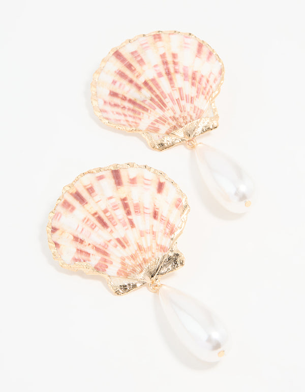 Gold Genuine Shell & Pearl Drop Earrings