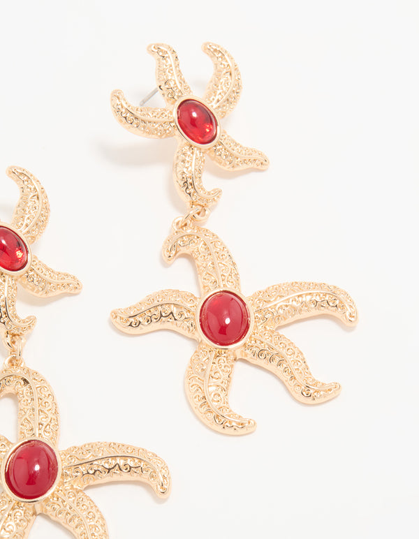 Gold Red Centre Double Starfish Drop Earrings