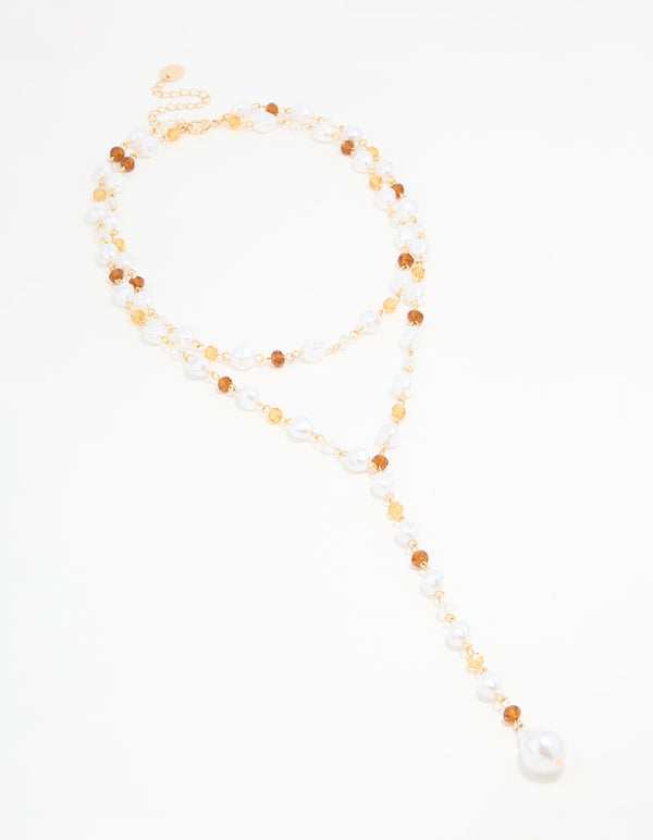 Gold Pearl & Brown Beaded Layered Y-Necklace