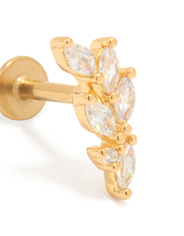 Gold Plated Titanium Cubic Zirconia Leaf Flat Back Stud