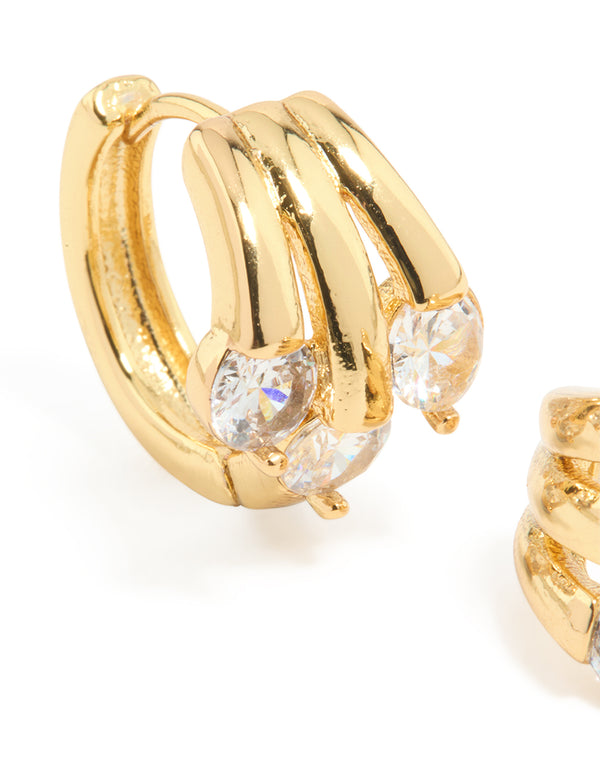 Gold Plated Cubic Zirconia Trio Graduating Huggie Earrings