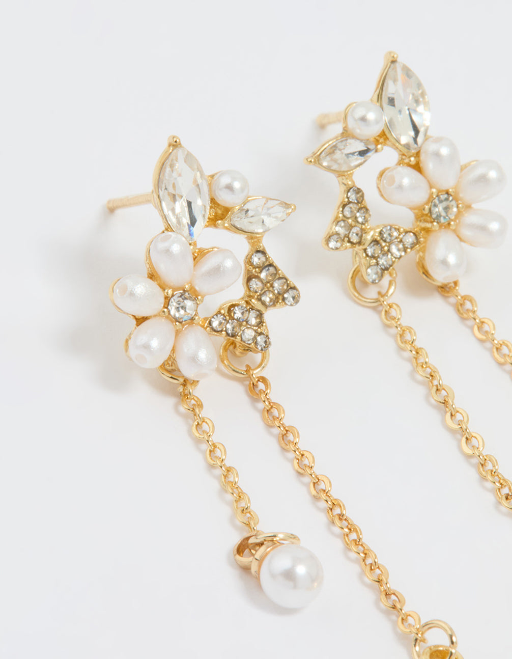 Gold Plated Diamante Pearl Flower Chain Drop Earrings