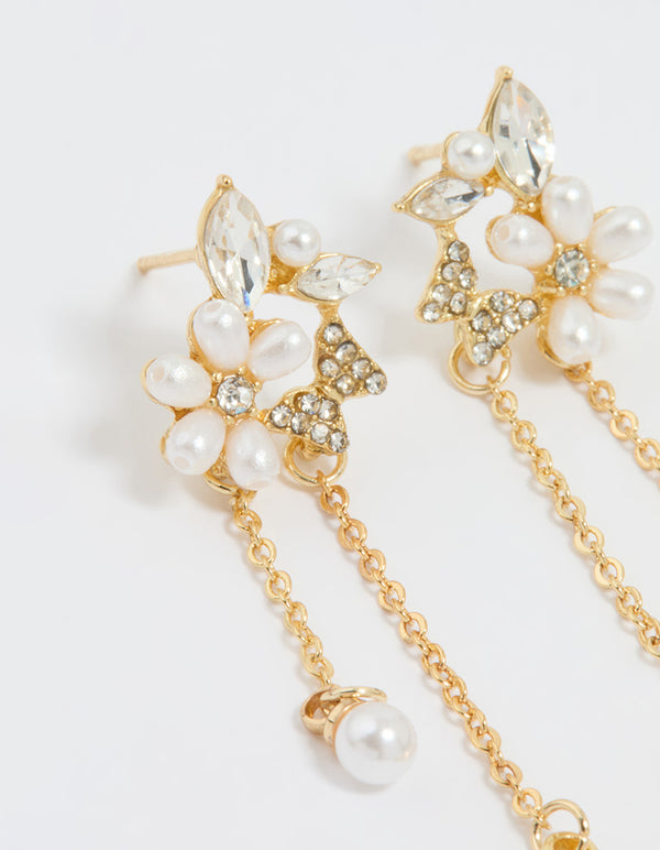 Gold Plated Diamante Pearl Flower Chain Drop Earrings